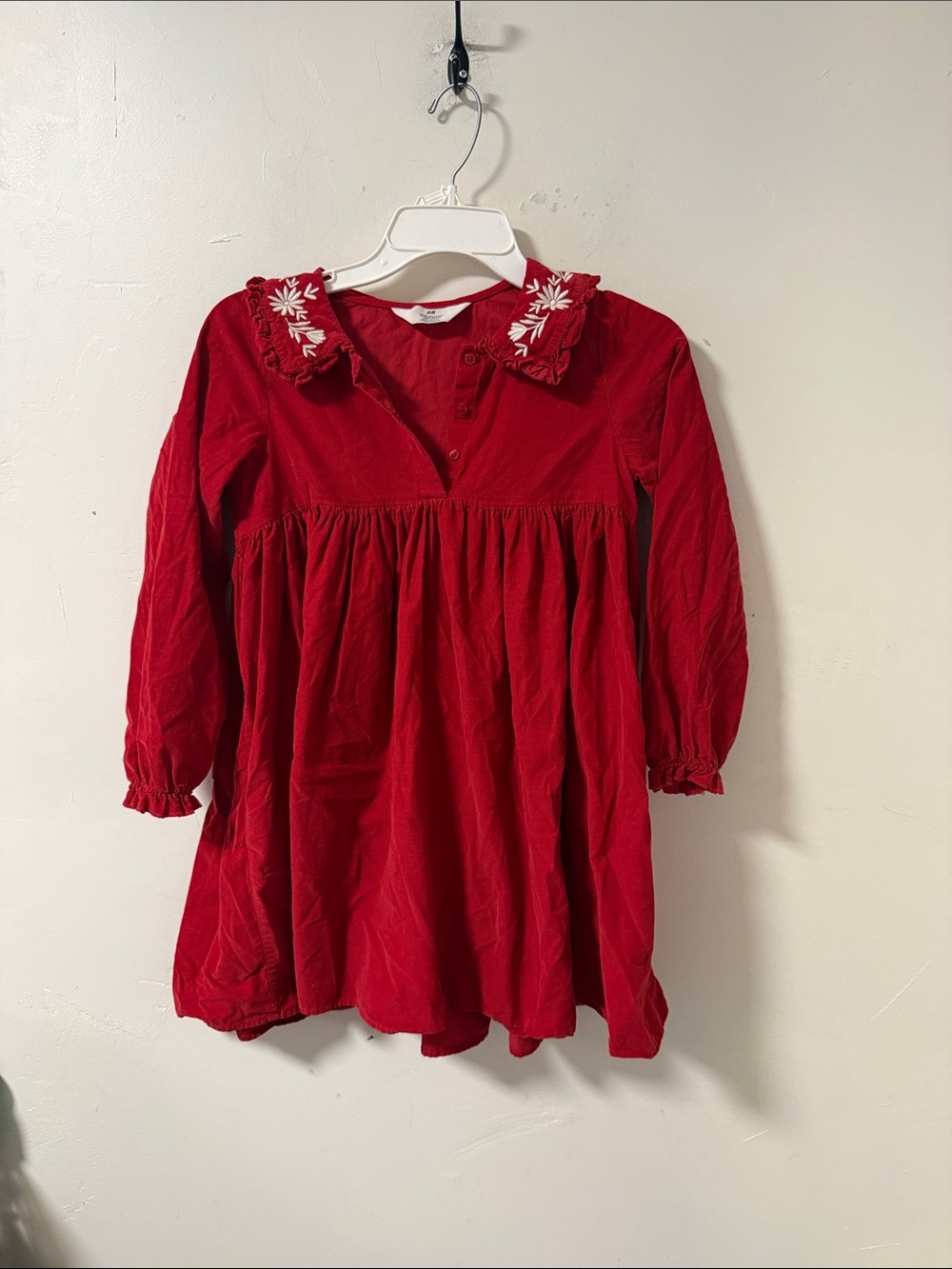 H&M Red Girls' Long-Sleeve Embroidered Collar Dress